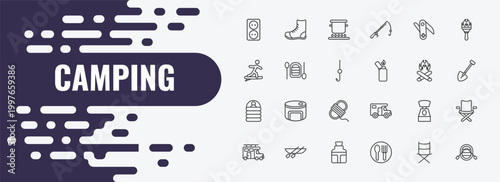 camping outline icon set. linear vector for ui, web and mobile. thin line boot, pot on fire, swiss army knife icons.