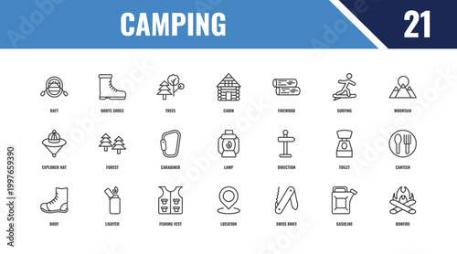 camping outline icon set. linear vector for ui, web and mobile. thin line boots shoes, mountain, direction icons.