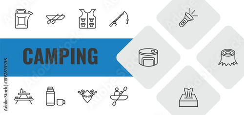 camping outline icon set. linear vector for ui, web and mobile. thin line gasoline, canoe, fishing vest icons.