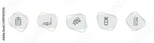 camping outline icon set. linear vector for ui, web and mobile. thin line sleeping bag, fishing, trees icons.