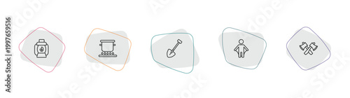 camping outline icon set. linear vector for ui, web and mobile. thin line lamp, pot on fire, shovel icons.