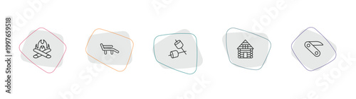 camping outline icon set. linear vector for ui, web and mobile. thin line bonfire, deck chair, marshmallow icons.