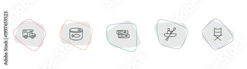 camping outline icon set. linear vector for ui, web and mobile. thin line camper van, sardine, firewood icons.