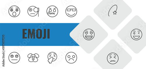 emoji outline icon set. linear vector for ui, web and mobile. thin line shocked emoji, monocle emoji, disappointed icons.