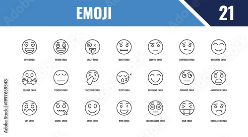 emoji outline icon set. linear vector for ui, web and mobile. thin line weird emoji, blushing emoji, grinning icons.