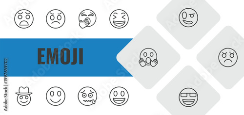 emoji outline icon set. linear vector for ui, web and mobile. thin line anguished emoji, dissapointment emoji, yawning icons.