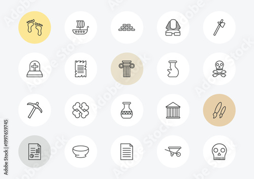 history outline icon set. linear vector for ui, web and mobile. thin line foot print, tomb, pick icons.