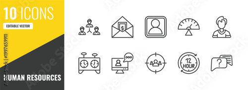 human resources outline icon set. 10 linear vector for ui, web and mobile. thin line teamwork, salary, profiles icons.