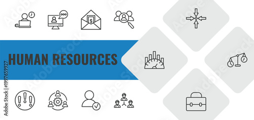 human resources outline icon set. linear vector for ui, web and mobile. thin line working, video conference, salary icons.