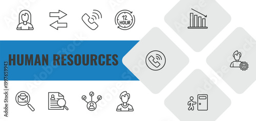 human resources outline icon set. linear vector for ui, web and mobile. thin line women, compare, call icons.