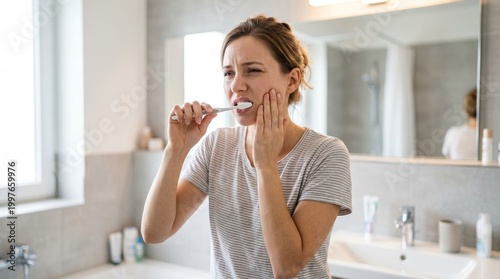 Young Woman Brushing Teeth with Toothache Dental Pain Oral Hygiene Problem Concept