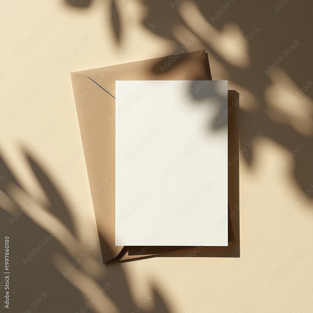 Obraz premium Blank white card rests on kraft paper envelope. Gentle sunlit shadows from leaves create natural patterns. Minimalist, neutral background for design.