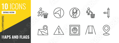 maps and flags outline icon set. 10 linear vector for ui, web and mobile. thin line use dust bin, navigate, no toileting icons.