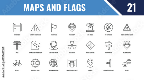 maps and flags outline icon set. linear vector for ui, web and mobile. thin line narrow right lane, right reverse curve, road left side icons.