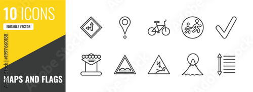 maps and flags outline icon set. 10 linear vector for ui, web and mobile. thin line left side road, placeholder point, bicycle icons.