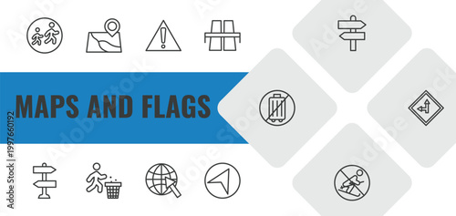 maps and flags outline icon set. linear vector for ui, web and mobile. thin line school zone, map localization, caution icons.