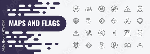 maps and flags outline icon set. linear vector for ui, web and mobile. thin line bicycle, rail crossing, road joining icons.