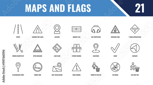 maps and flags outline icon set. linear vector for ui, web and mobile. thin line narrow two lanes, t road intersection, locations icons.