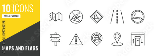 maps and flags outline icon set. 10 linear vector for ui, web and mobile. thin line treasure map with x, no skiing, land slide icons.