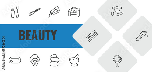 beauty outline icon set. linear vector for ui, web and mobile. thin line liquid lipstick, nail file, hair straightener icons.