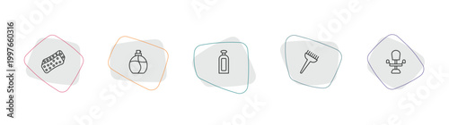 beauty outline icon set. linear vector for ui, web and mobile. thin line bath sponge, round perfume bottle, inclined bottle icons.