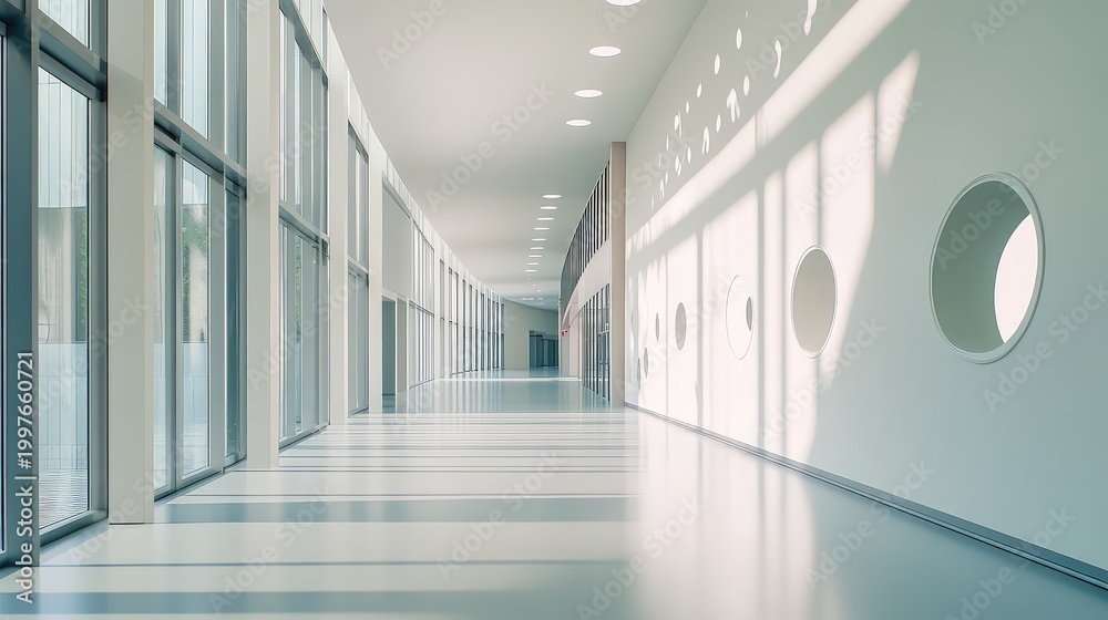 Fototapeta premium Minimalist architectural hallway featuring large windows and circular wall openings, illuminated by strong sunlight creating abstract shadows and a sense of depth and cleanliness