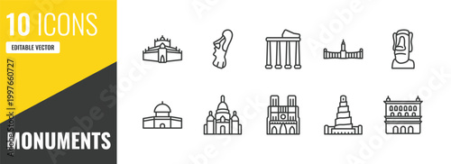 monuments outline icon set. 10 linear vector for ui, web and mobile. thin line thatbyinnyu temple, easter island, temple of apollo icons.