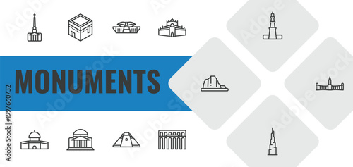 monuments outline icon set. linear vector for ui, web and mobile. thin line cathedral, kaaba building, dpr/mpr building icons.