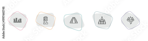 monuments outline icon set. linear vector for ui, web and mobile. thin line roman theatre of merida, moia statues, maya pyramid icons.
