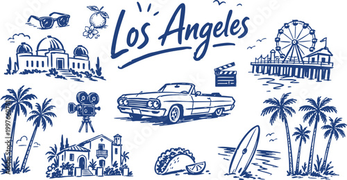 Los Angeles Travel Icon Set with Palm Trees, Pier, Classic Car, Surfboard and Hollywood Elements