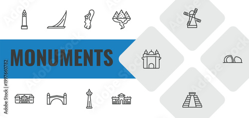 monuments outline icon set. linear vector for ui, web and mobile. thin line clock tower, moscow, easter island icons.
