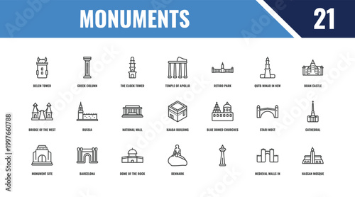 monuments outline icon set. linear vector for ui, web and mobile. thin line greek column, bran castle, blue domed churches icons.