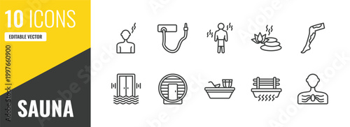 sauna outline icon set. 10 linear vector for ui, web and mobile. thin line body heat gain, kneipp hose, vascular workout icons.