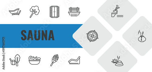 sauna outline icon set. linear vector for ui, web and mobile. thin line private spa, steam jet, infrared heat cabin icons.
