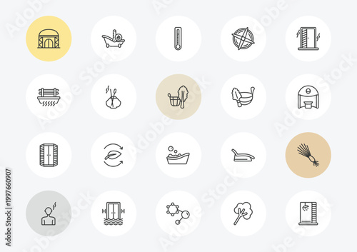 sauna outline icon set. linear vector for ui, web and mobile. thin line yurt, brine cabin, infrared heat cabin icons.
