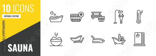 sauna outline icon set. 10 linear vector for ui, web and mobile. thin line asian bath, cold plunge, banja icons.
