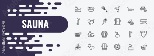 sauna outline icon set. linear vector for ui, web and mobile. thin line splashing, birching, tepidarium icons.