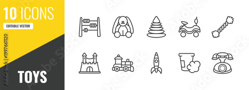 toys outline icon set. 10 linear vector for ui, web and mobile. thin line abacus toy, bunny toy, pyramid toy icons.