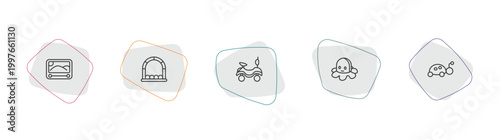 toys outline icon set. linear vector for ui, web and mobile. thin line etch a sketch toy, bouncy castle toy, ride on toy icons.