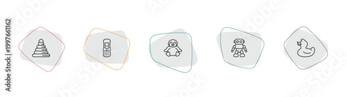 toys outline icon set. linear vector for ui, web and mobile. thin line circle toy, phone toy, penguin toy icons.
