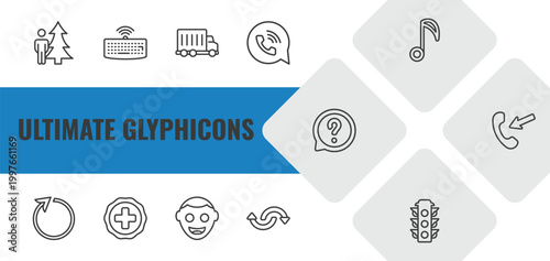 ultimate glyphicons outline icon set. linear vector for ui, web and mobile. thin line man and tree, wireless keyboard, big cargo truck icons.