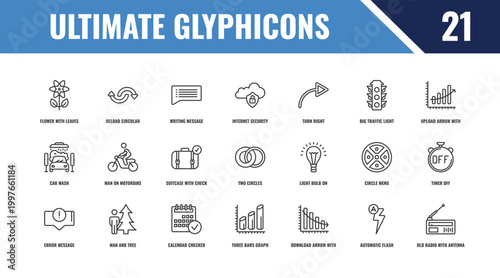 ultimate glyphicons outline icon set. linear vector for ui, web and mobile. thin line reload circular arrow, upload arrow with bar, light bulb on icons.