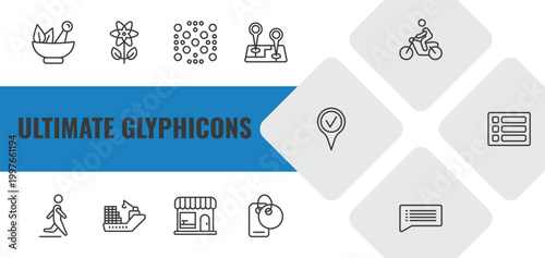 ultimate glyphicons outline icon set. linear vector for ui, web and mobile. thin line medicine mortar, flower with leaves, dot crossed icons.