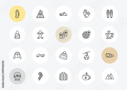 winter outline icon set. linear vector for ui, web and mobile. thin line themos flask, fir, fur coat icons.