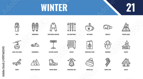 winter outline icon set. linear vector for ui, web and mobile. thin line snowshoes, winter cabin, christmas card icons.