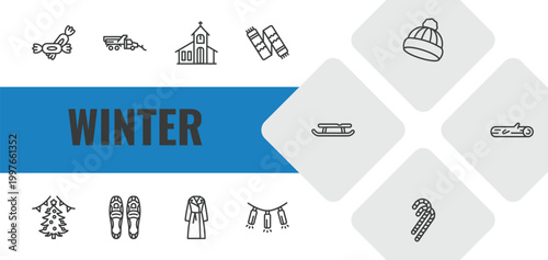 winter outline icon set. linear vector for ui, web and mobile. thin line candy, snowplow, chapel icons.