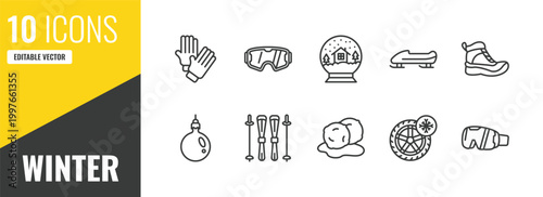 winter outline icon set. 10 linear vector for ui, web and mobile. thin line winter clothes, snow goggle, snow globe icons.