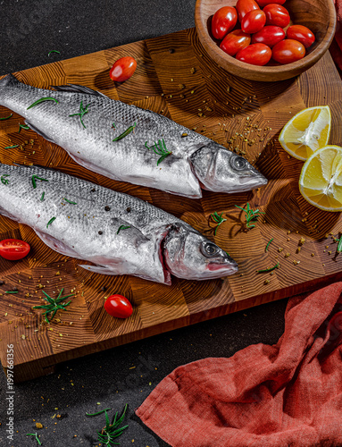 Tableau sur toile fresh fish on a wooden board