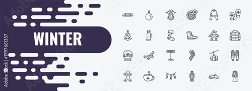 winter outline icon set. linear vector for ui, web and mobile. thin line bauble, christmas day, turtleneck sweater icons.