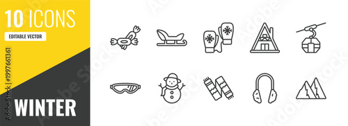 winter outline icon set. 10 linear vector for ui, web and mobile. thin line candy, sledge, mittens icons.